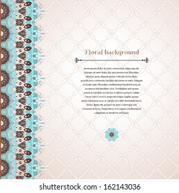 Vector card. Beautiful floral border in vintage style. Seamless simple delicate ornament. Place for your text. Perfect for greetings, invitations or announcements