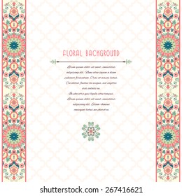 Vector card. Beautiful floral border in modern style. Moroccan tiles ornament. Place for your text. 