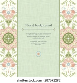 Vector card. Beautiful floral border in vintage style. Imitation canvas texture. Place for your text. 