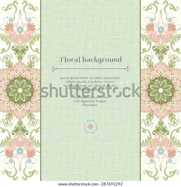 Vector card. Beautiful\
floral border in vintage style. Imitation canvas texture. Place for\
your text. 