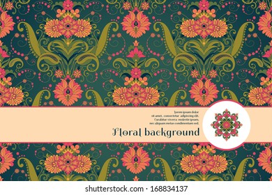 Vector card. Beautiful floral damask pattern in vintage style. Place for your text. Perfect for greetings, invitations or announcements. Bright colors and dark background.