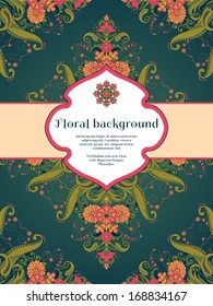 Vector card. Beautiful floral damask pattern in vintage style. Figured frame for your text. Perfect for greetings, invitations or announcements. Bright colors and dark background.