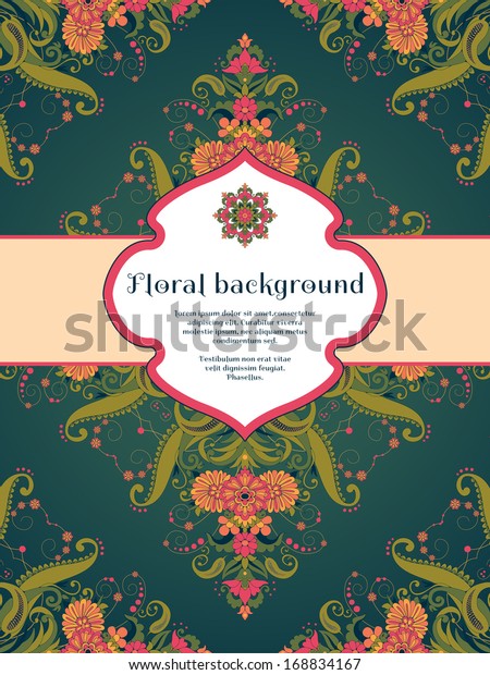 Vector\
card. Beautiful floral damask pattern in vintage style. Figured\
frame for your text. Perfect for greetings, invitations or\
announcements. Bright colors and dark\
background.