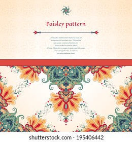 Vector card. Beautiful floral oriental pattern in vintage style. Simple background.  Place for your text. Perfect for greetings, invitations or announcements.