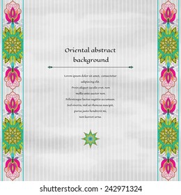 Vector card. Beautiful floral oriental border. Watercolor striped background. Hand drawing. Place for your text.
