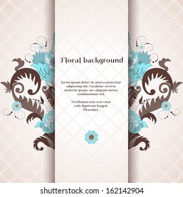 Vector card. Beautiful floral pattern in vintage style. Seamless simple delicate ornament. Place for your text. Perfect for greetings, invitations or announcements