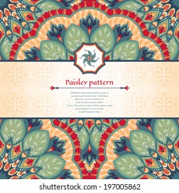 Vector card. Beautiful floral round pattern in vintage style. Inset with decorative element in the middle for your text. 