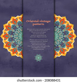 Vector card. Beautiful floral round pattern in indian style. Wet watercolor background. Hand drawing. Place for your text.