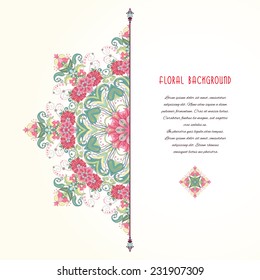 Vector card. Beautiful floral round pattern in vintage oriental style. Place for your text and dividers. Delicate green and pink.