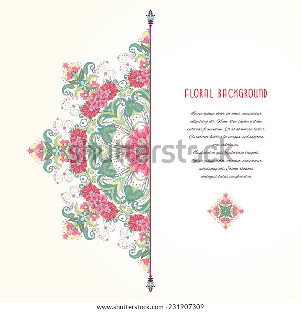 Vector card. Beautiful floral round pattern in\
vintage oriental style. Place for your text and dividers. Delicate\
green and pink.
