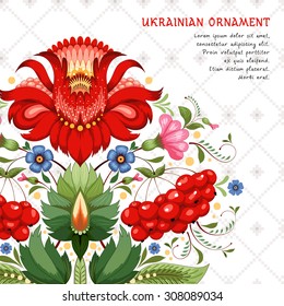 Vector card with beautiful floral Ukrainian pattern. Flowers in the style of Petrykivka painting. Pattern similar to cross stitch. Place for your text.