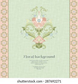 Vector card. Beautiful flower and floral border in vintage style. Imitation canvas texture.  Place for your text. 