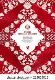 Vector card. Beautiful flowers and red watercolor background. Hand drawing. Imitation of chinese porcelain painting. Figured frame for your text.