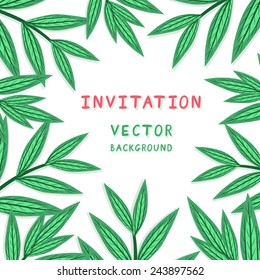 Vector card with beautiful frame from leaves, branches and hand written word "Invitation". Floral invitation template. Bright greeting card.