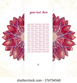 Vector card. Beautiful hand draw red flower in vintage style. Place for your text. Perfect for greetings, invitations or announcements. Bright colors and light background.