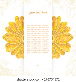 Vector card. Beautiful hand draw yellow flower in vintage style. Place for your text. Perfect for greetings, invitations or announcements. Bright colors and light background.