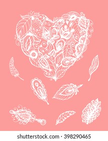 Vector card with beautiful hand drawn tracery floral heart and decor feathers in boho style isolated on beige pink