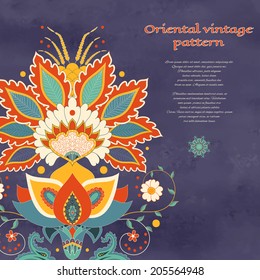 Vector card. Beautiful oriental indian traditional flower. Wet watercolor background. Hand drawing. Place for your text.