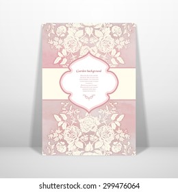 Vector card. Beautiful pattern of a bouquet victorian garden roses. Hand drawing on watercolor backdrop. Figured frame for your text.