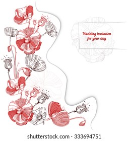 Vector card  with beautiful red flowers, poppy on white