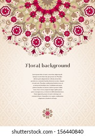Vector card. Beautiful round floral pattern in vintage style. Seamless simple delicate ornament. Place for your text. Perfect for greetings, invitations or announcements