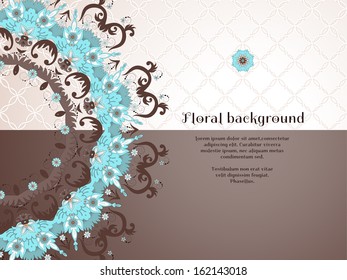 Vector card. Beautiful round floral pattern in vintage style. Seamless simple delicate ornament. Place for your text. Perfect for greetings, invitations or announcements