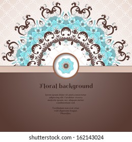 Vector card. Beautiful round floral pattern in vintage style. Seamless simple delicate ornament. Place for your text. Perfect for greetings, invitations or announcements