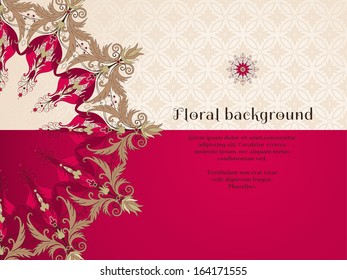 Vector card. Beautiful round floral pattern in vintage style. Flowers with leaves and berries. Seamless delicate ornament. Place for your text. Perfect for greetings, invitations or announcements