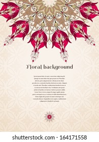 Vector card. Beautiful round floral pattern in vintage style. Flowers with leaves and berries. Seamless delicate ornament. Place for your text. Perfect for greetings, invitations or announcements