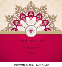 Vector card. Beautiful round floral pattern in vintage style. Flowers with leaves and berries. Seamless delicate ornament. Place for your text. Perfect for greetings, invitations or announcements