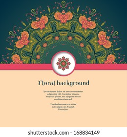 Vector card. Beautiful round floral damask pattern in vintage style. Place for your text. Perfect for greetings, invitations or announcements. Bright colors and dark background.