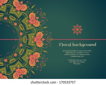 Vector card. Beautiful round floral pattern in vintage style. Place for your text. Perfect for greetings, invitations or announcements. Bright colors and dark background.