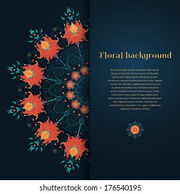 Vector card. Beautiful round floral pattern. Imitation watercolor gradients. Bright colors and dark background.  Place for your text. Perfect for greetings, invitations or announcements.