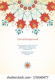 Vector card. Beautiful round floral pattern. Imitation watercolor gradients. Seamless simple delicate ornament. Place for your text. Perfect for greetings, invitations or announcements.