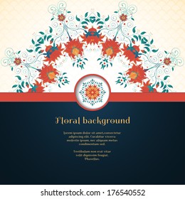 Vector card. Beautiful round floral pattern. Imitation watercolor gradients. Bright colors and dark background. Seamless simple delicate ornament. Perfect for greetings, invitations or announcements.