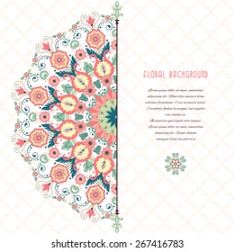 Vector card. Beautiful round floral pattern in in modern style and moroccan tiles ornament. Place for your text. 