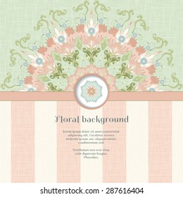 Vector card with beautiful round floral pattern in vintage style. Delicate canvas texture. Place for your text. 