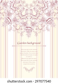 Vector card with beautiful round floral pattern in vintage style. Victorian garden roses. Striped background. Place for your text.
