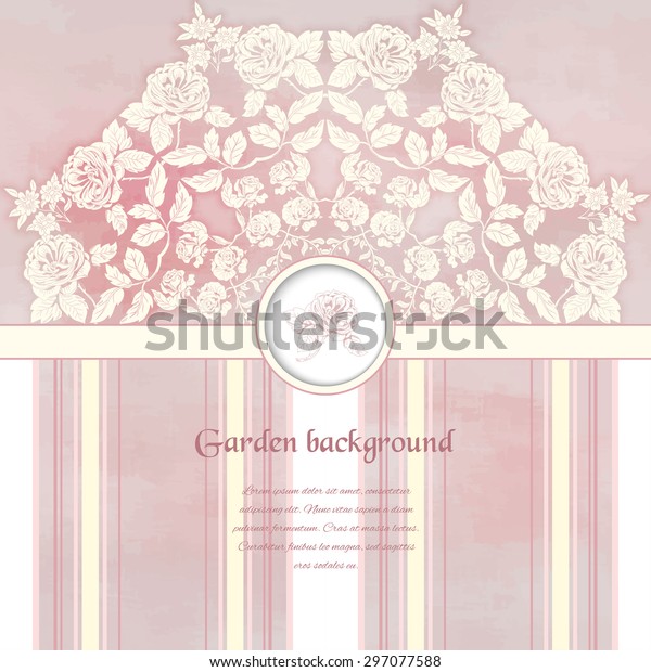 Vector card with beautiful\
round floral pattern in vintage style. Victorian garden roses. Hand\
drawing on watercolor striped backdrop. Place for your\
text.
