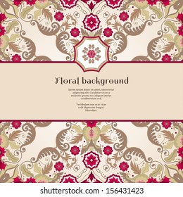 Vector card. Beautiful seamless floral pattern in vintage style. Place for your text. Perfect for greetings, invitations or announcements