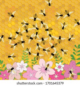 Vector card with bees and spring blossom.
