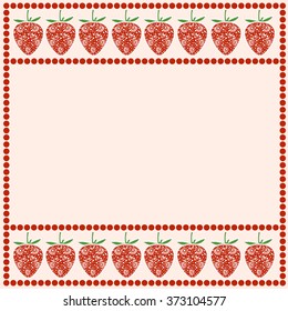 Vector card with berries. Empty square form with ornamental strawberries and border with dots. Decorative frame. Series of Cards, Blanks and Forms.