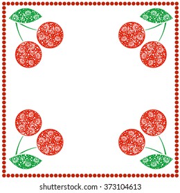Vector card with berries. Empty square form with ornamental cherries, leaves and border with dots. Decorative frame. Series of Cards, Blanks and Forms.