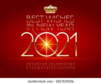 Vector card Best Wishes win New Year 2021 with Crown. Elegant luxury Font. Golden chic Alphabet Letters and Numbers set