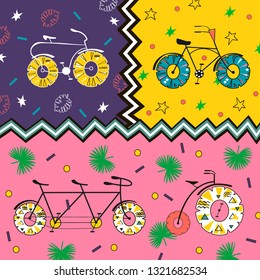 Vector card bicycle with a fruit pineapple wheels