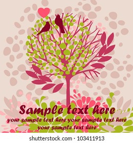 vector card with birds and blooming tree