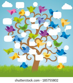 Tarjeta vector con aves y burbujas de habla