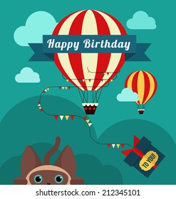 Vector card with birthday air balloon and birthday presents