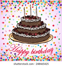 Vector card of a birthday cake. Hand-drawing. Vector illustration.  Illustration for greeting cards, invitations, and other printing projects.