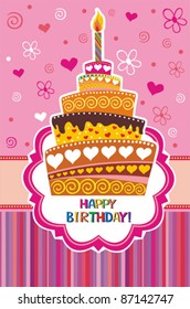 Vector card with birthday cake. Vector Illustration